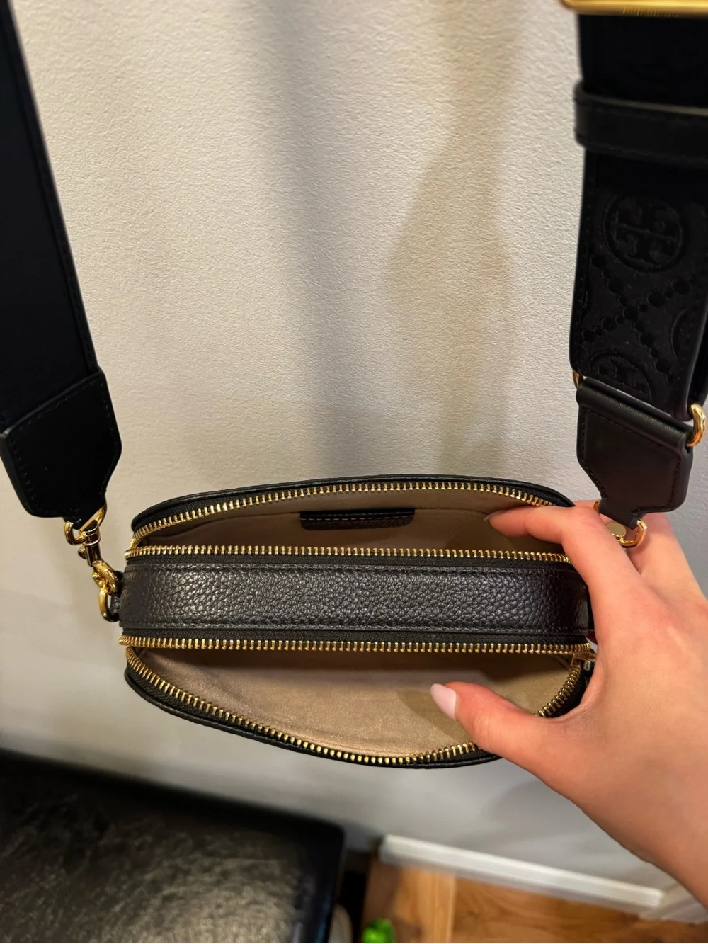Tory Burch Black Pebbled Leather Crossbody Camera Bag with Gold Hardware